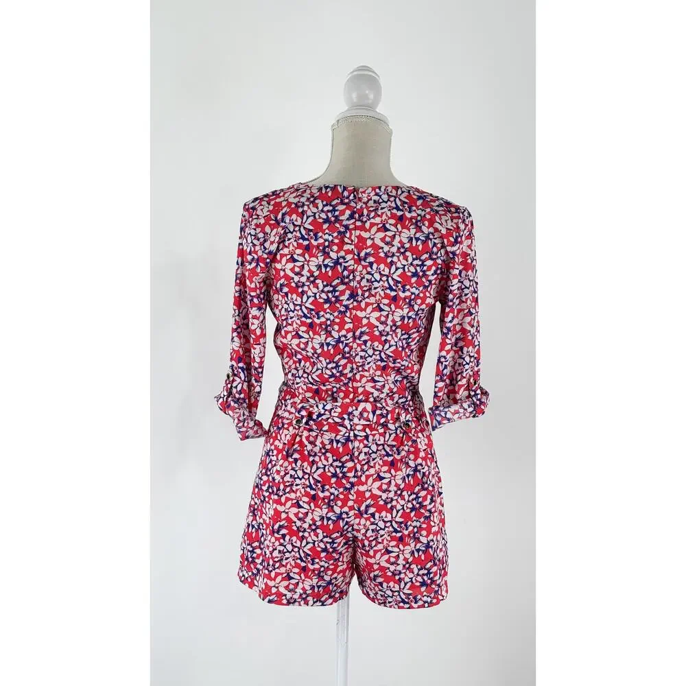 Yumi Kim Womens Floral Belted Romper Size 8 V Neck Red Blue White